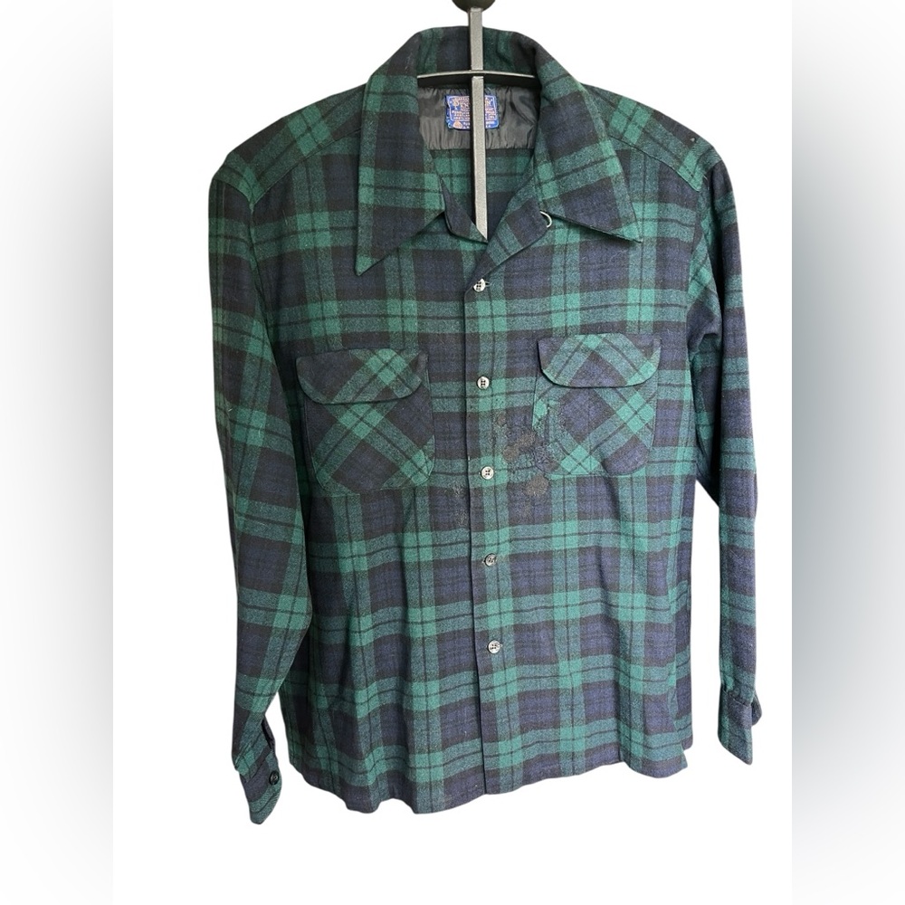 Pendleton Vintage 1960’s Green and Black Plaid Button-Up Shirt with Repairs